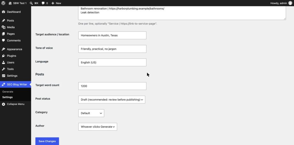 SEO Blog Writer Settings, Posts section: target word count, post status Draft, category and author